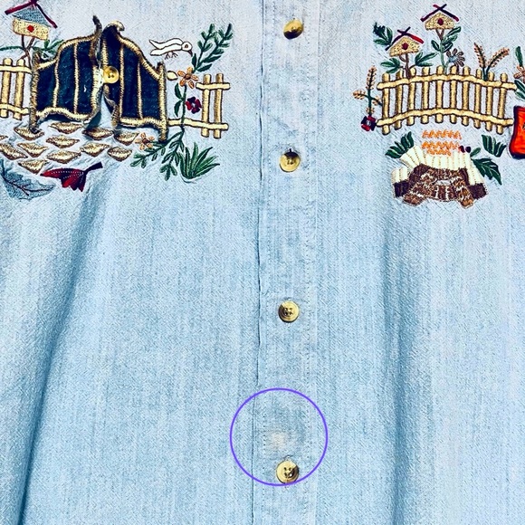 Vintage Denim Button Down Shirt Womens Embroidered Novelty Cottagecore Plus 1X - Picture 7 of 7